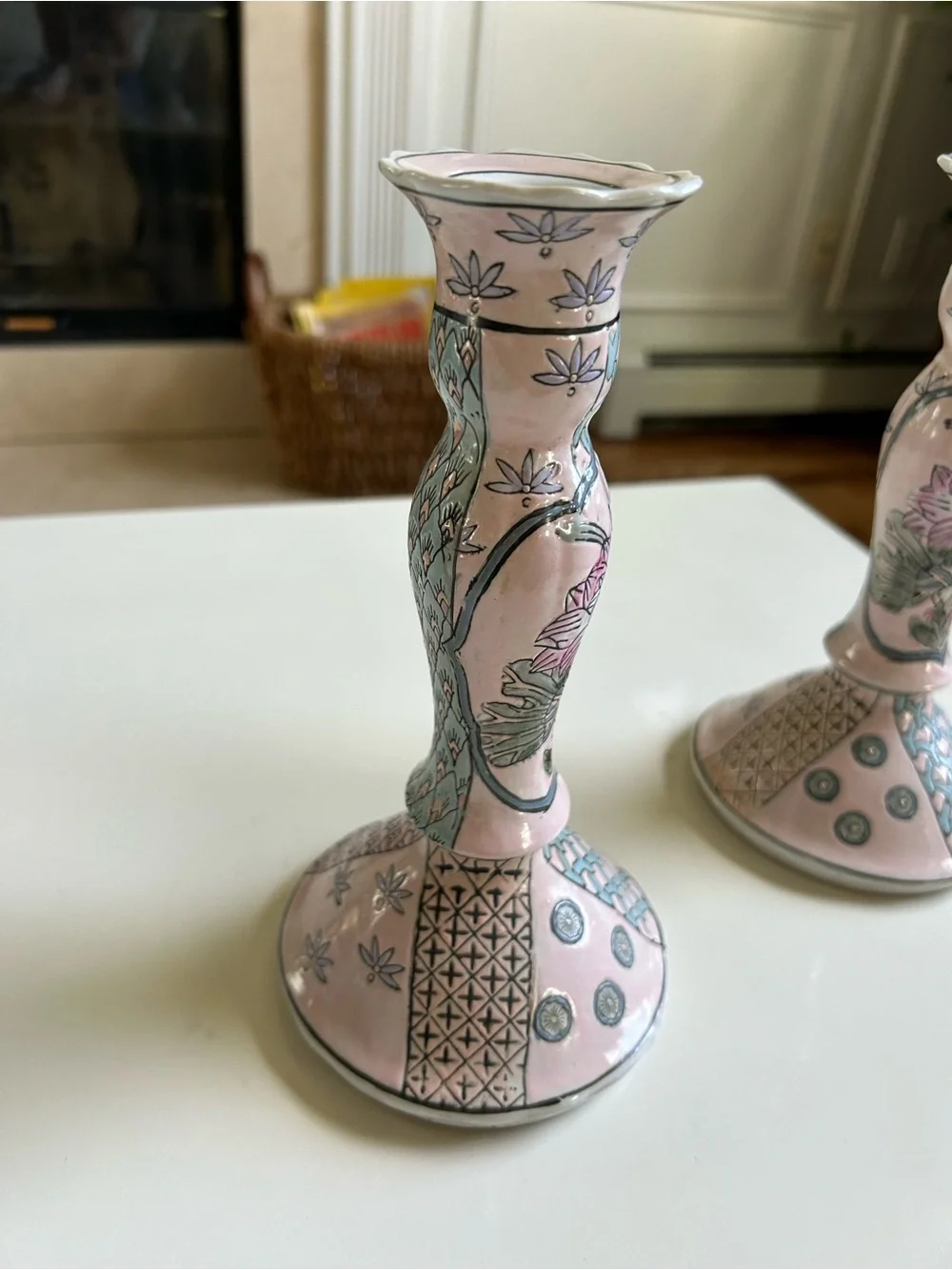Tojo Bainbridge Hand-Painted Pink Floral Ceramic Candlestick Pair